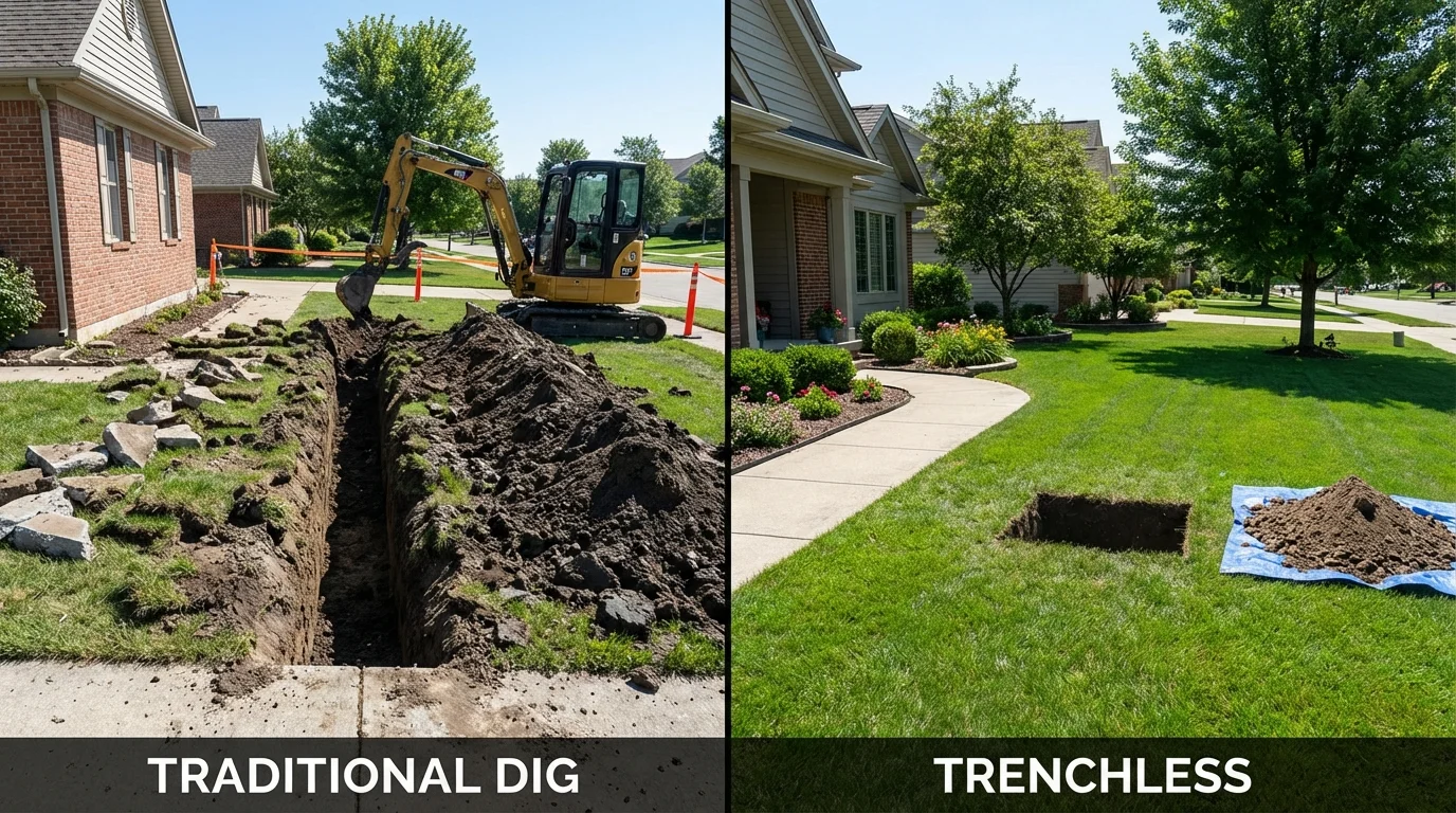 Trenchless sewer repair with minimal yard damage versus traditional excavation in Charlotte, TN