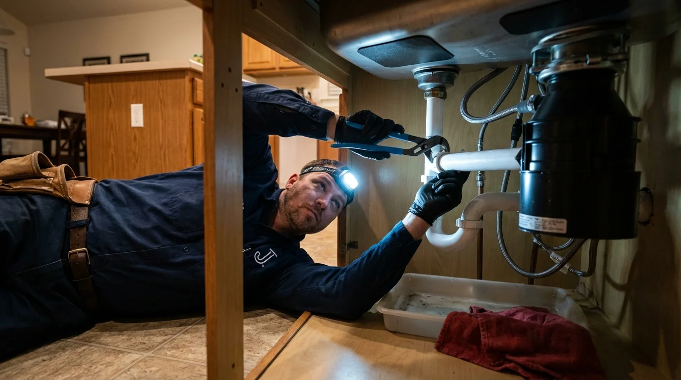 P-trap and supply line connections under a kitchen sink showing a common leak point in Charlotte, TN